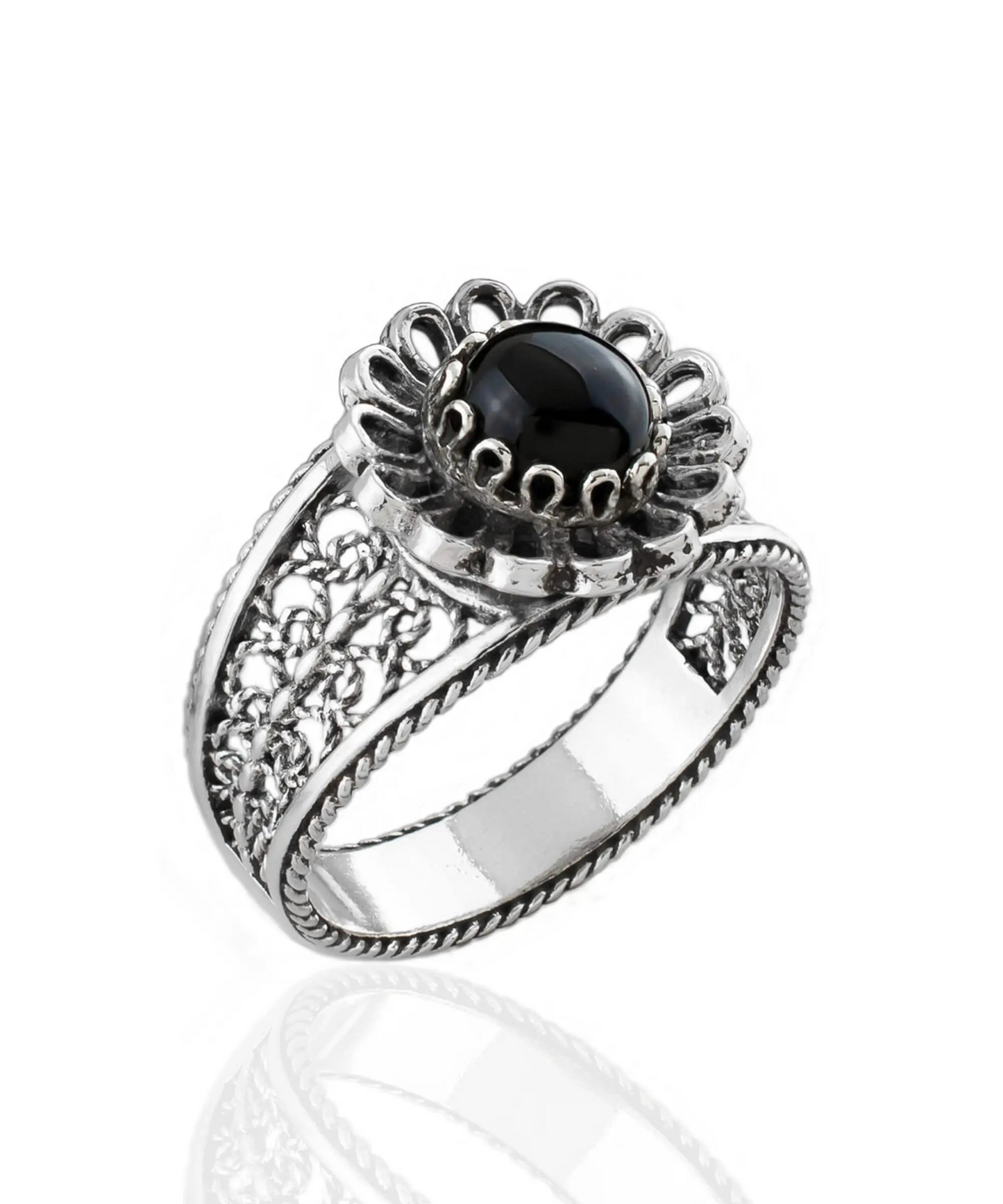 Daisy Figured Black Onyx Gemstone Filigree Art Women Silver Cocktail Ring