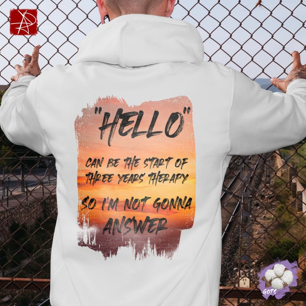 Hello Organic Cotton Hoodie – Unisex Witty Quote Sunset Design | GOTS Certified Eco-Friendly